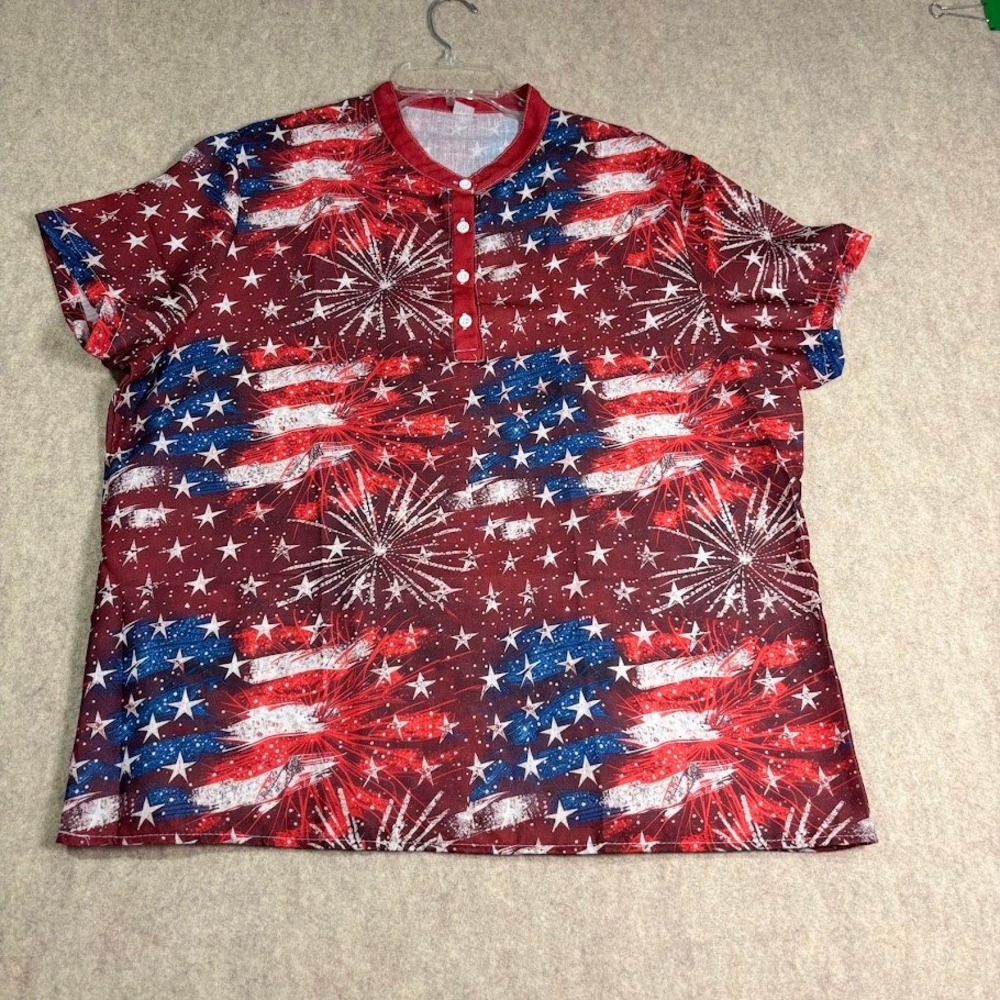 Fireworks Henley Shirt Mens 3XL Red Patriotic Flag Short Sleeve Festival